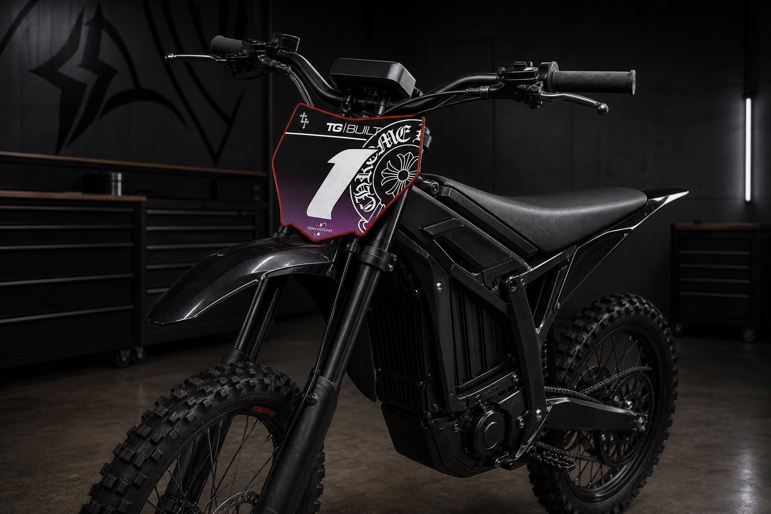 Sur-Ron style e-moto fitted with Motocutz Plate Decal